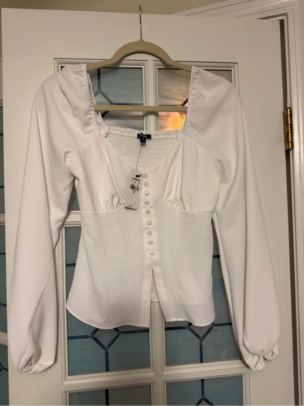 Express White Long-Sleeve Square-Neck Blouse with Button Front
